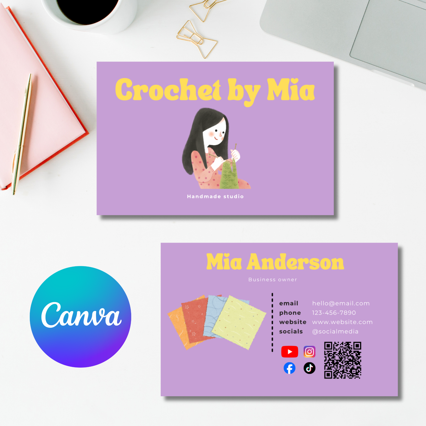 π§Ά Crochet Business Card Template with QR Code β Editable Canva Design