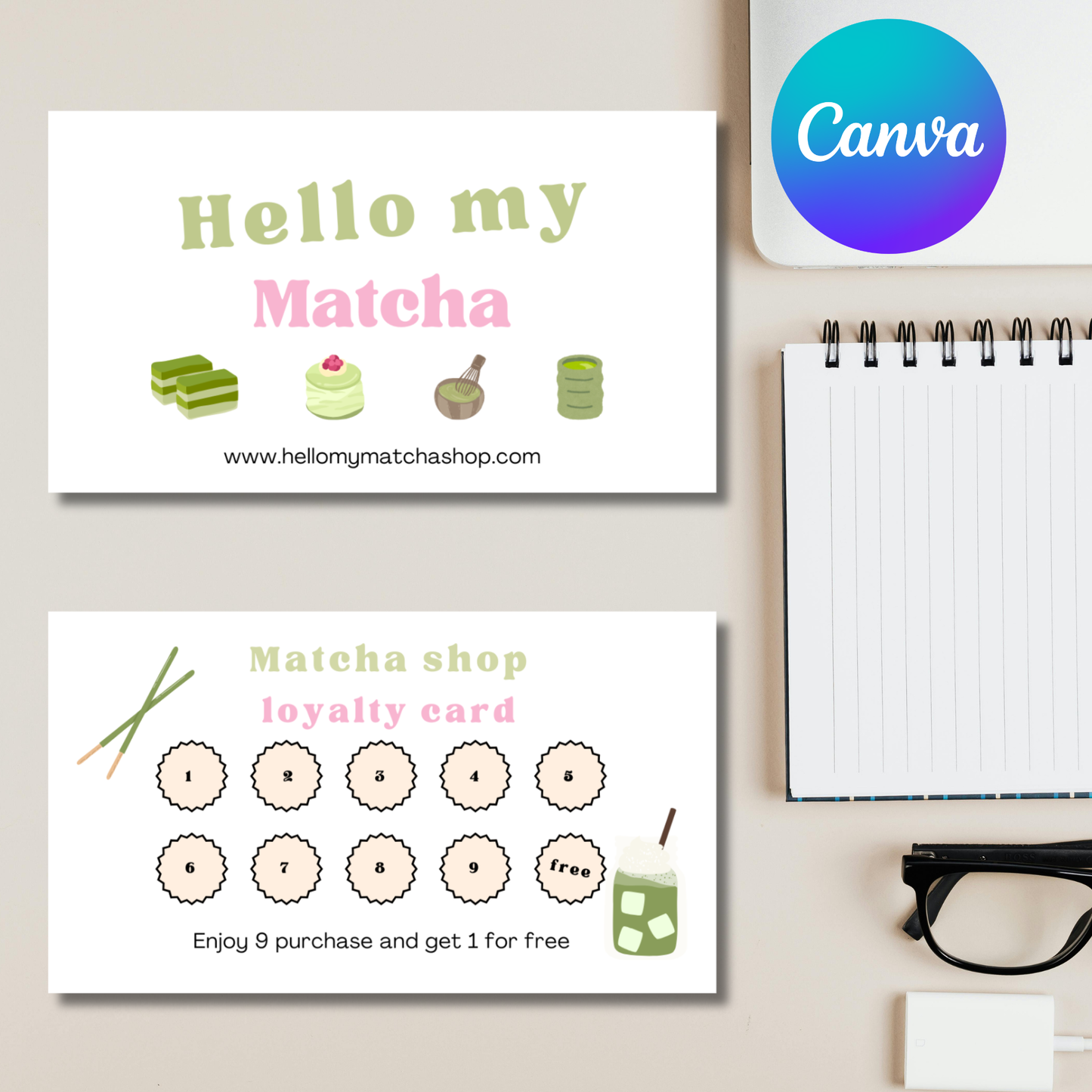 🍵 Matcha Shop Business Card & Loyalty Card Template – Editable Canva Design